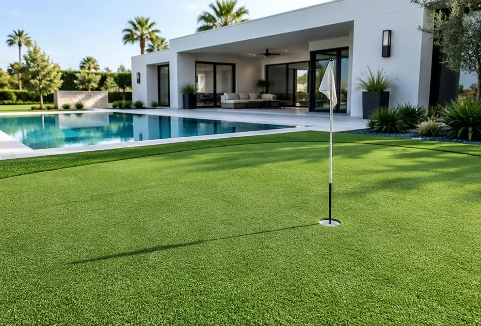 Fine-pile artificial putting green with a golf hole beside a modern pool