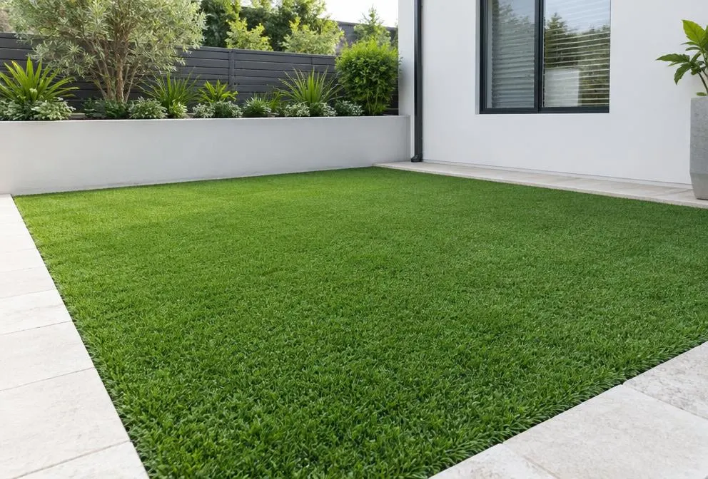 Short-pile artificial turf in a modern courtyard bordered by pale stone