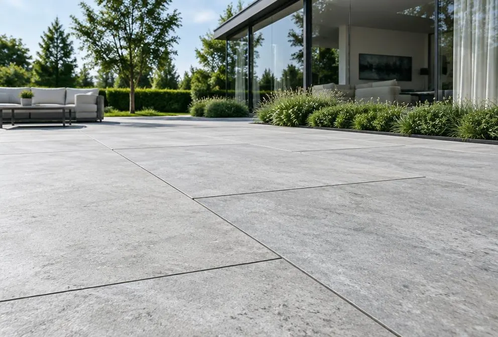 Large silver-gray limestone pavers on a contemporary backyard terrace