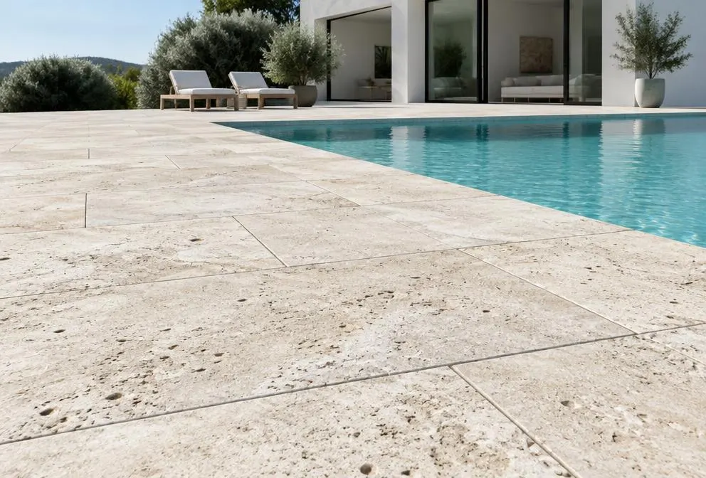 Ivory travertine paving with visible natural pores beside a modern pool