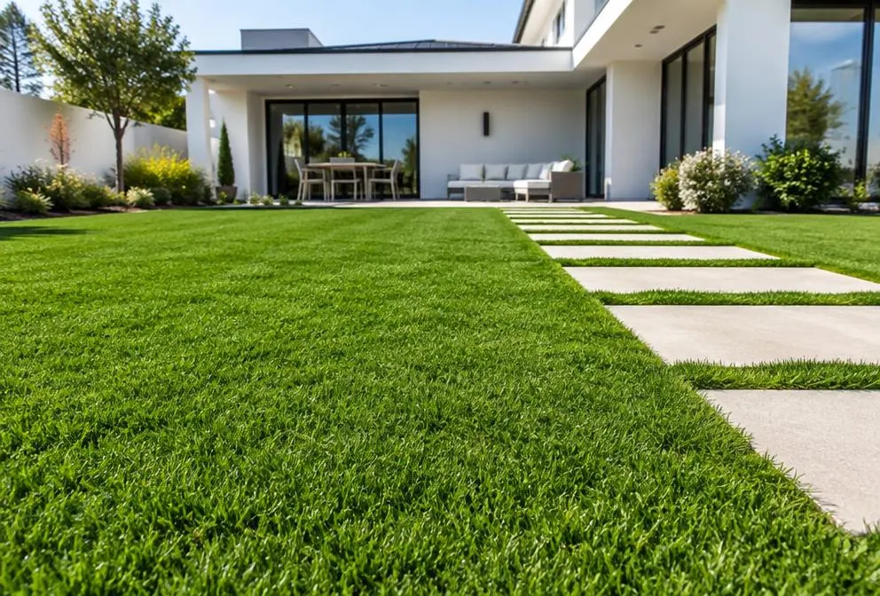 Lush multi-tonal landscape turf with pale stepping stones in a modern backyard